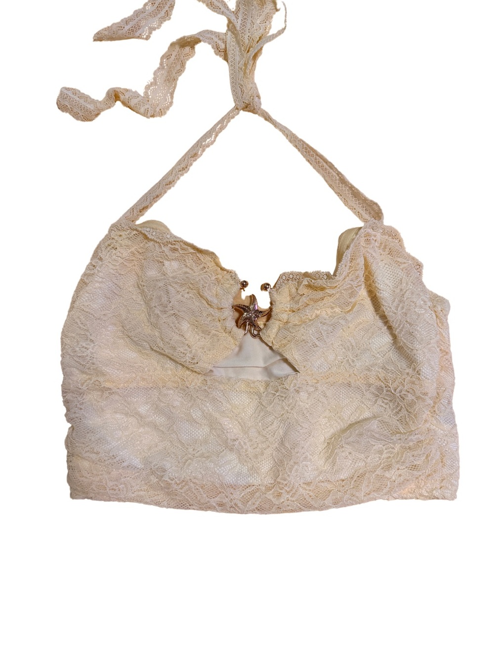 SHEIN Cream Lace Halter Bralette with Center Charm